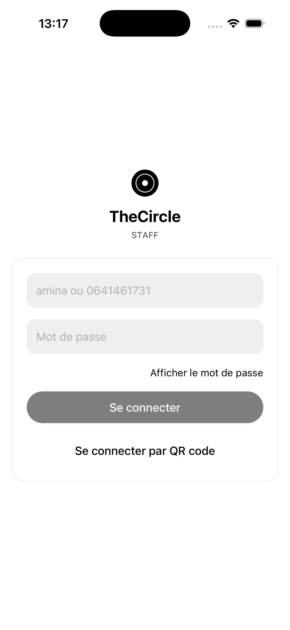Écran de connexion de TheCircle Staff avec l’action Se connecter par QR code